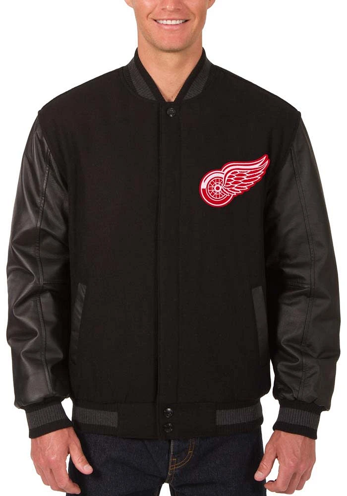 Mens Detroit Red Wings Reversible Wool Leather Heavyweight Jacket - Black