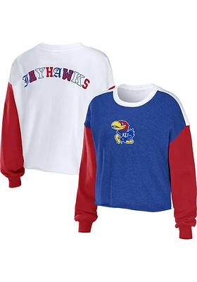 WEAR by Erin Andrews Kansas Jayhawks Womens Blue Mixed Letter Crew Sweatshirt