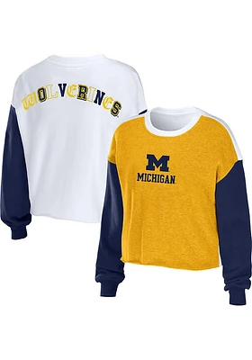 WEAR by Erin Andrews Michigan Wolverines Womens Navy Blue Mixed Letter Crew Sweatshirt