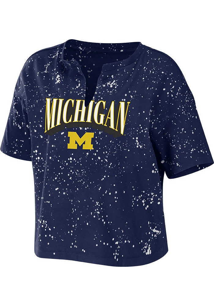 WEAR by Erin Andrews Michigan Wolverines Womens Blue Bleach Splatter Short Sleeve T-Shirt