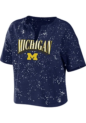 WEAR by Erin Andrews Michigan Wolverines Womens Blue Bleach Splatter Short Sleeve T-Shirt