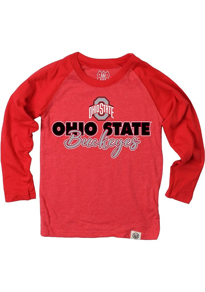 Wes and Willy Ohio State Buckeyes Boys Red Raglan Arch Script Name Drop Long Sleeve T-Shirt