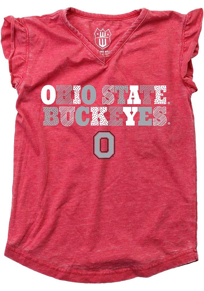 Wes and Willy Ohio State Buckeyes Girls Red Ruffle Multi Font Short Sleeve Fashion T-Shirt