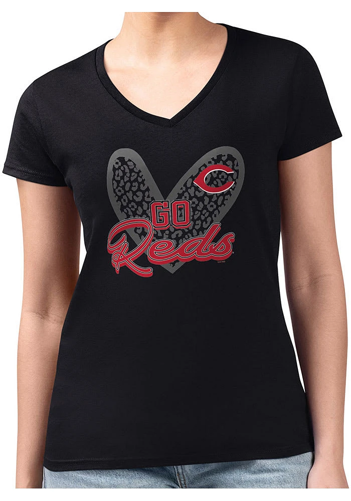 4Her Cincinnati Reds Womens Leopard Heart Fitted Design Short Sleeve T-Shirt