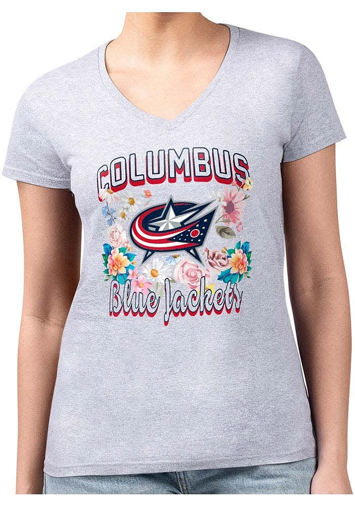 4Her Columbus Blue Jackets Womens Flowers Fitted Design Short Sleeve T-Shirt