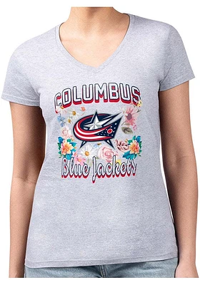 4Her Columbus Blue Jackets Womens Flowers Fitted Short Sleeve T-Shirt