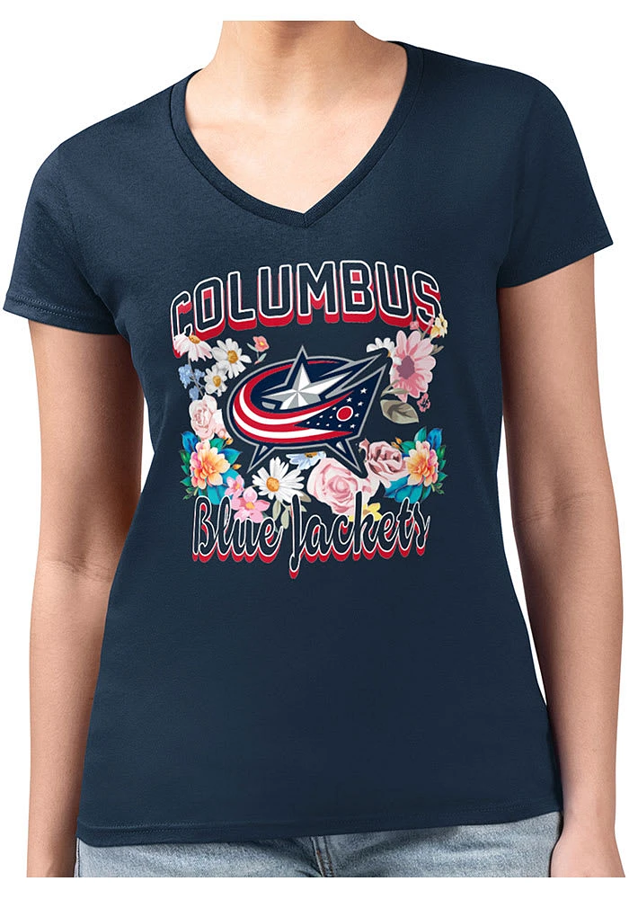 4Her Columbus Blue Jackets Womens Navy Flowers Fitted Short Sleeve T-Shirt