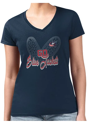 4Her Columbus Blue Jackets Womens Navy Leopard Heart Fitted Design Short Sleeve T-Shirt