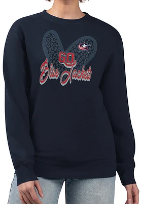 4Her Columbus Blue Jackets Womens Navy Leopard Heart Crew Sweatshirt