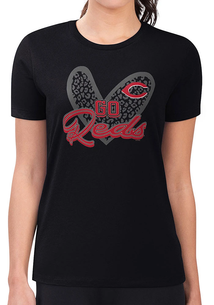 4Her Cincinnati Reds Womens Leopard Heart Fitted Short Sleeve T-Shirt