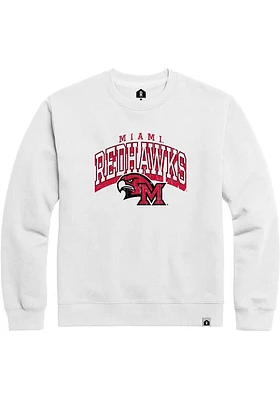 Miami RedHawks Mens White Nanodrop Arch Mascot Long Sleeve Crew Sweatshirt