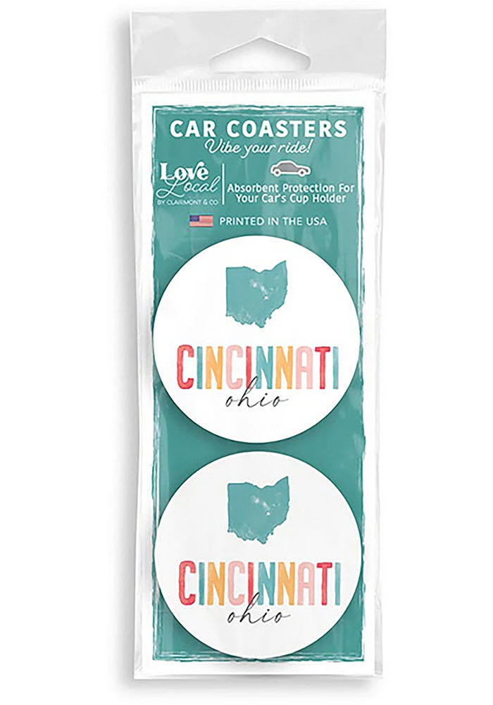 Cincinnati 2 Pack Watercolor Car Coaster - White