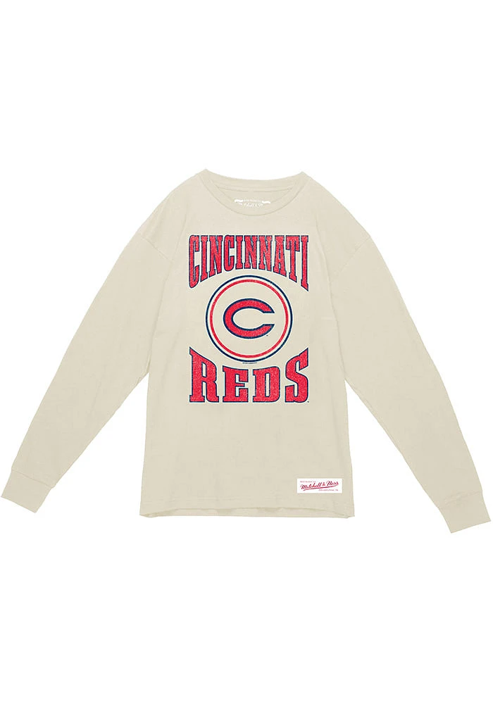 Mitchell and Ness Cincinnati Reds White Arched Logo Slub Long Sleeve Fashion T Shirt