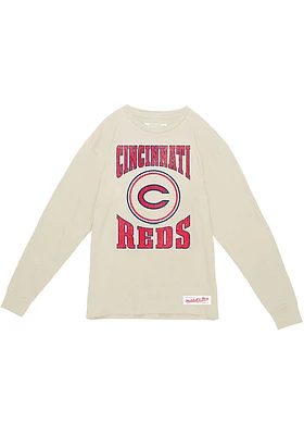 Mitchell and Ness Cincinnati Reds White Arched Logo Slub Long Sleeve Fashion T Shirt