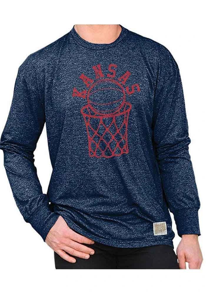 Original Retro Brand Kansas Jayhawks Navy Blue BBall Long Sleeve Fashion T Shirt