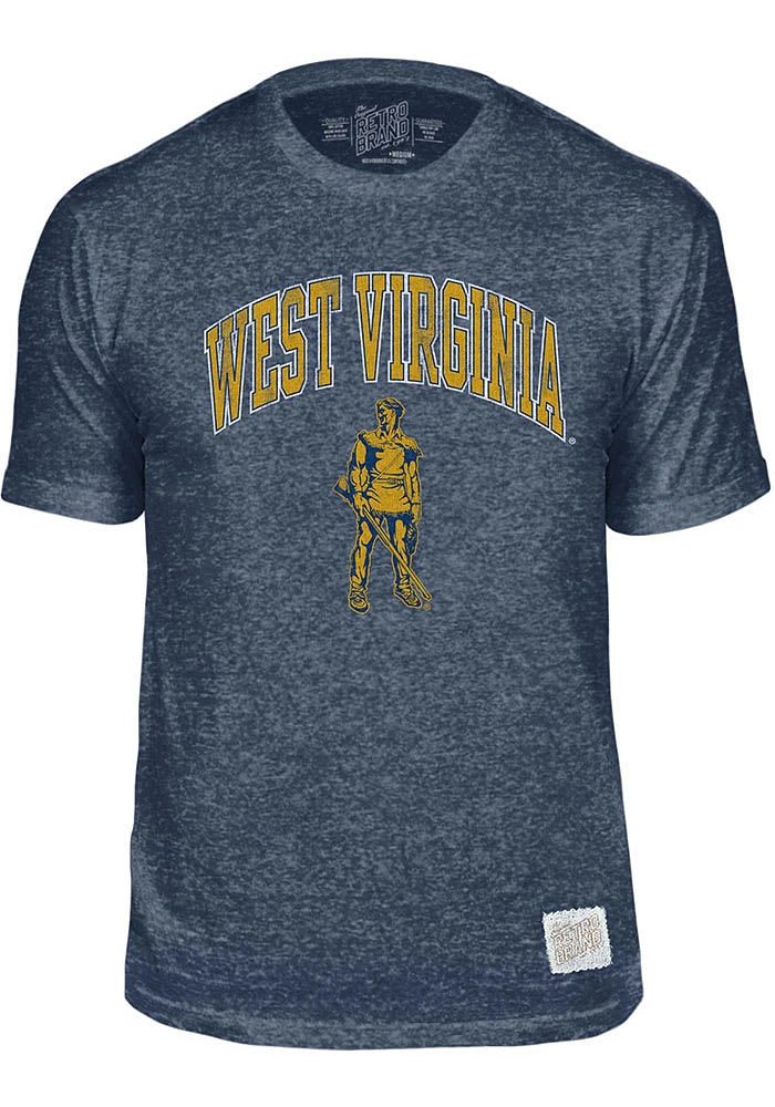 Original Retro Brand West Virginia Mountaineers Navy Blue Arch Mascot Short Sleeve Fashion T Shirt