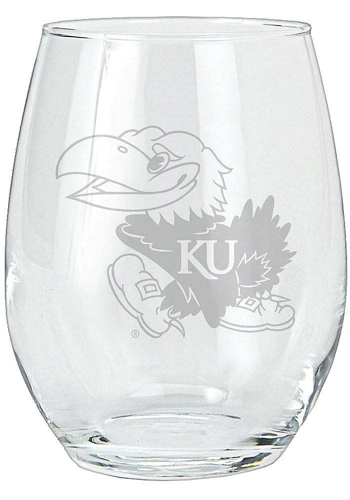 Kansas Jayhawks 15oz Etched Stemless Wine Glass - White