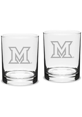 Miami RedHawks Hand Etched Crystal Set of 2 14oz Double Old Fashioned Rock Glass