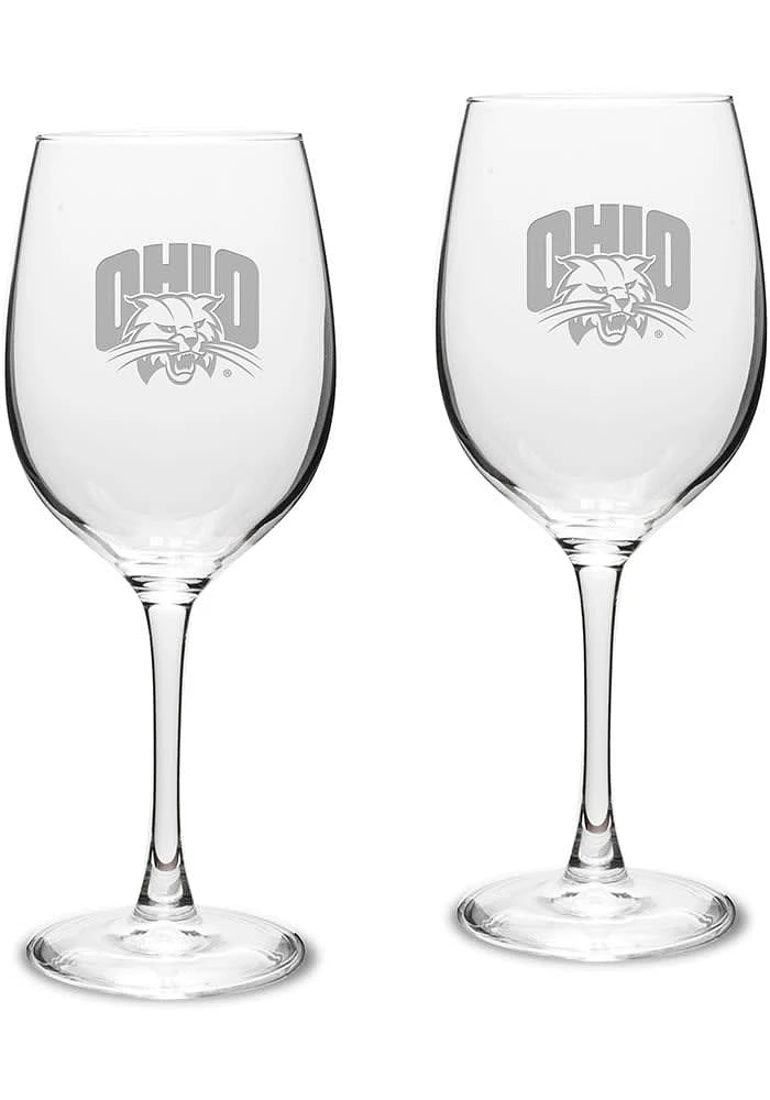 Ohio Bobcats Hand Etched Crystal Set of 2 16oz Wine Glass