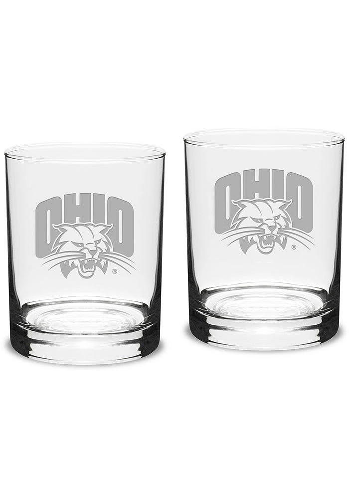 Ohio Bobcats Hand Etched Crystal Set of 2 14oz Double Old Fashioned Rock Glass