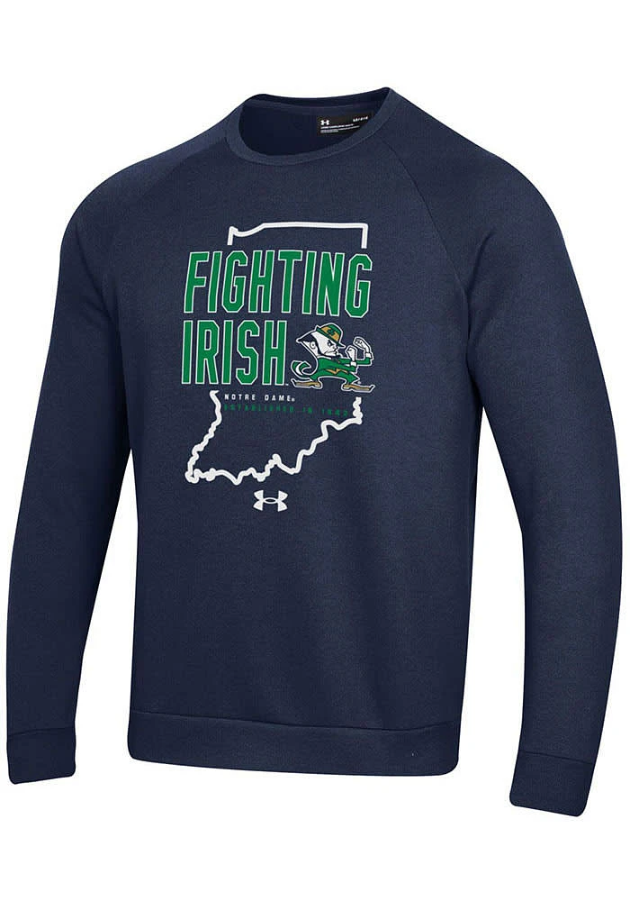 Under Armour Notre Dame Fighting Irish Mens Navy Blue All Day Fleece Crew Long Sleeve Sweatsh..