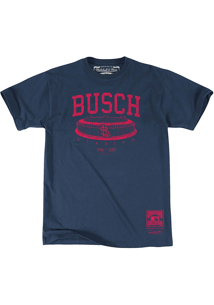 Mitchell and Ness St Louis Cardinals Navy Blue Busch Stadium Short Sleeve T Shirt