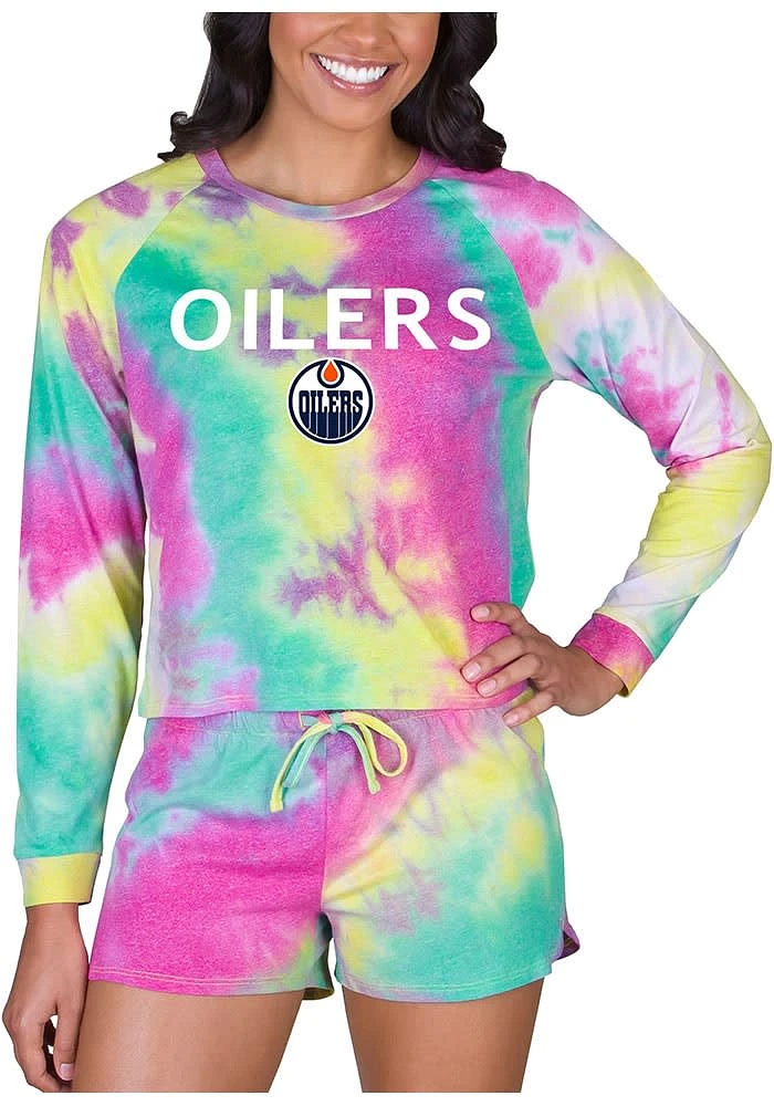 Concepts Sport Edmonton Oilers Womens Yellow Tie Dye Long Sleeve PJ Set