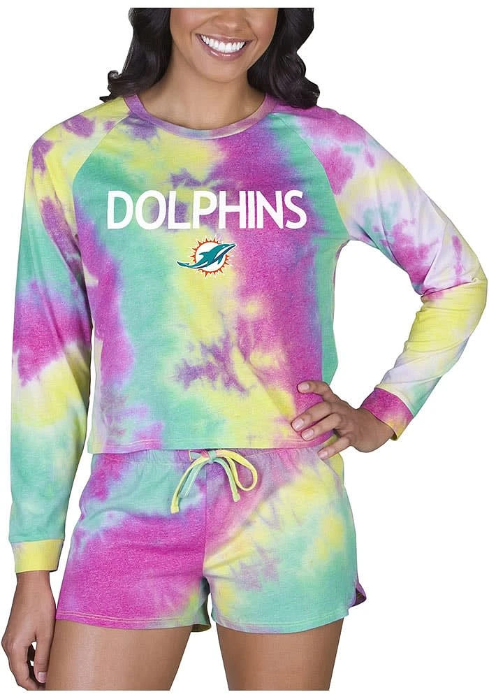 Concepts Sport Miami Dolphins Womens Yellow Tie Dye Long Sleeve PJ Set