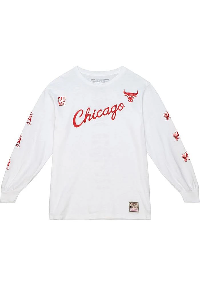 Mitchell and Ness Chicago Bulls White CHERRY BOMB Long Sleeve T Shirt