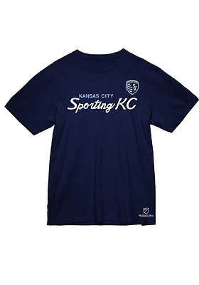 Mitchell and Ness Sporting Kansas City Navy Blue KC Script Short Sleeve T Shirt