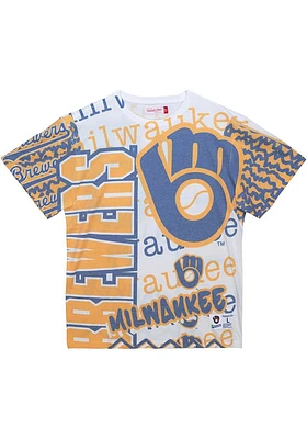 Mitchell and Ness Milwaukee Brewers White Jumbotron 2.0 Sublimated Short Sleeve Fashion T Shirt