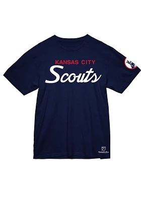 Mitchell and Ness Kansas City Scouts Navy Blue Script Short Sleeve T Shirt