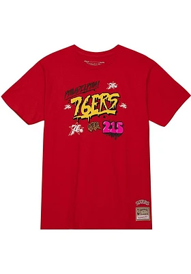 Mitchell and Ness Philadelphia 76ers Red Slap Sticker Short Sleeve T Shirt