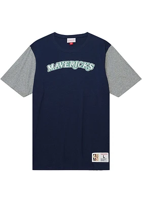 Mitchell and Ness Dallas Mavericks Navy Blue Color Blocked Short Sleeve Fashion T Shirt
