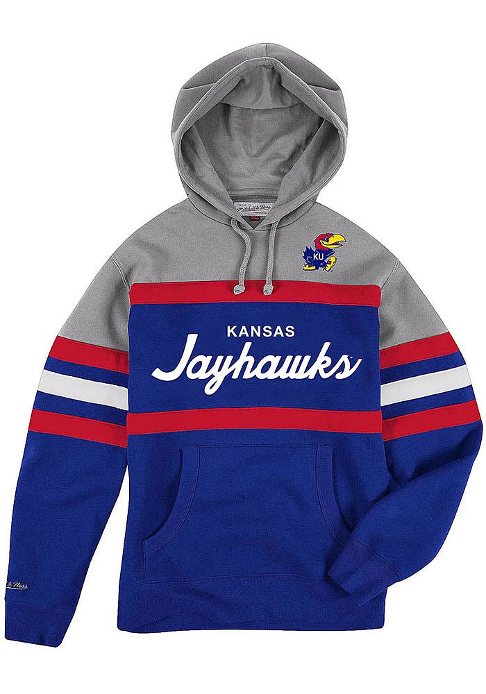 Mitchell and Ness Kansas Jayhawks Mens Blue Head Coach Fashion Hood