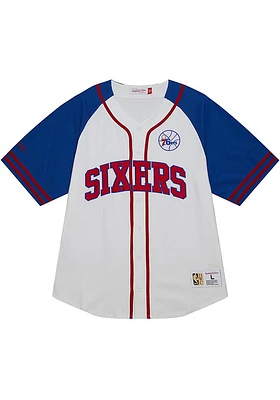 Mitchell and Ness Philadelphia 76ers Mens White Practice Day Baseball Jersey
