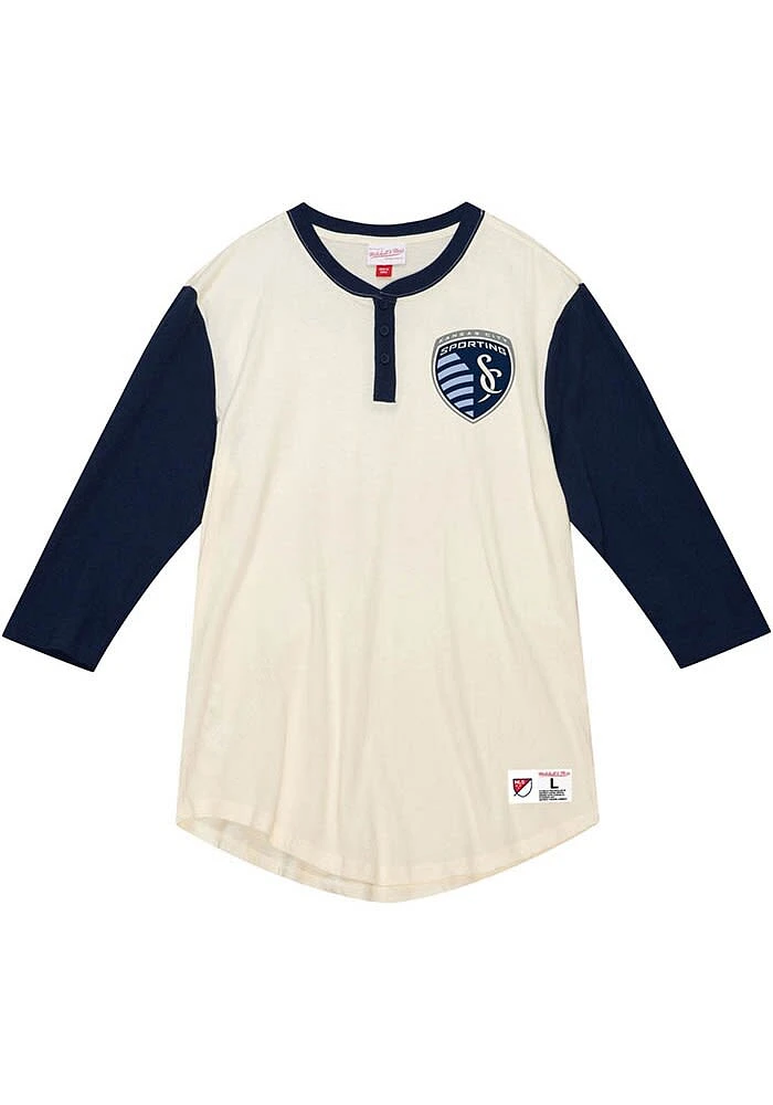 Mitchell and Ness Sporting Kansas City White Icon Henley Style Long Sleeve Fashion T Shirt