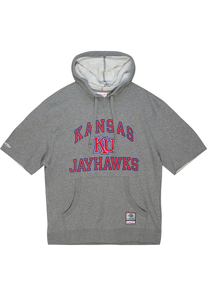 Mitchell and Ness Kansas Jayhawks Grey Fleece Short Sleeve Hoods