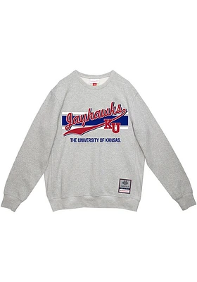 Mitchell and Ness Kansas Jayhawks Mens Grey Collegiate Script Long Sleeve Crew Sweatshirt