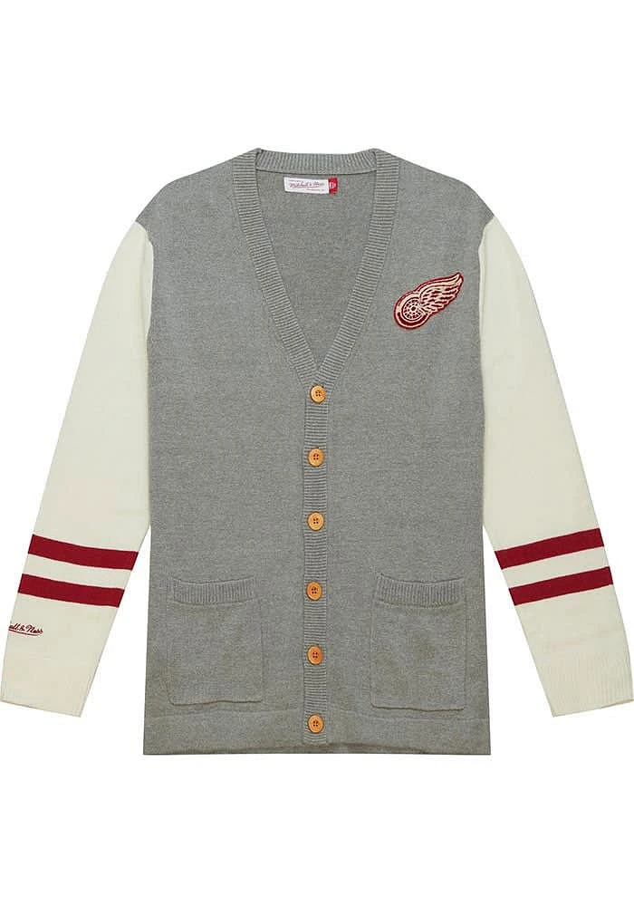 Mitchell and Ness Detroit Red Wings Mens Grey Cardigan Long Sleeve Sweater