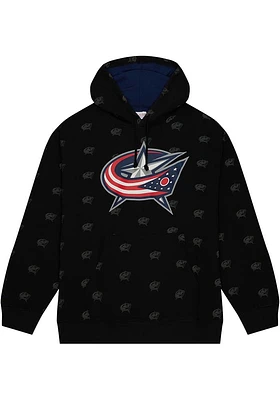 Mitchell and Ness Columbus Blue Jackets Mens Black AOP Fleece Long Sleeve Hoodie