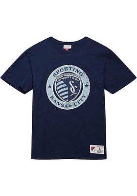 Mitchell and Ness Sporting Kansas City Navy Blue Playoff Win 2.0 Design Short Sleeve Fashion T Shi..