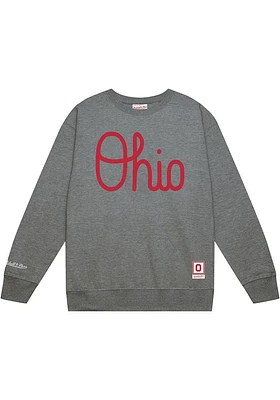 Mitchell and Ness Ohio State Buckeyes Mens Grey Down To The Wire Vintage Wordmark Script Long Slee..