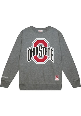 Mitchell and Ness Ohio State Buckeyes Mens Grey Down To The Wire Primary Team Logo Long Sleeve Cre..