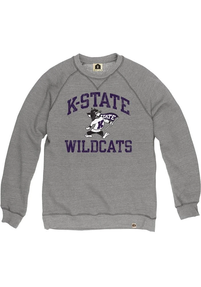 Rally K-State Wildcats Mens Grey Number One Distressed Triblend Fleece Long Sleeve Fashion Sweatsh..