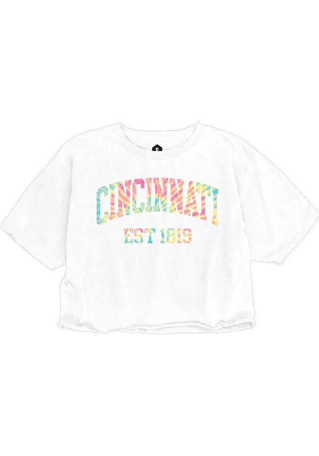 Rally Cincinnati Womens White Arch Tie-Dye Infill Short Sleeve T-Shirt