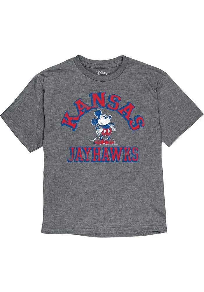 Kansas Jayhawks Youth Grey Mickey Man Cave Short Sleeve Fashion T-Shirt