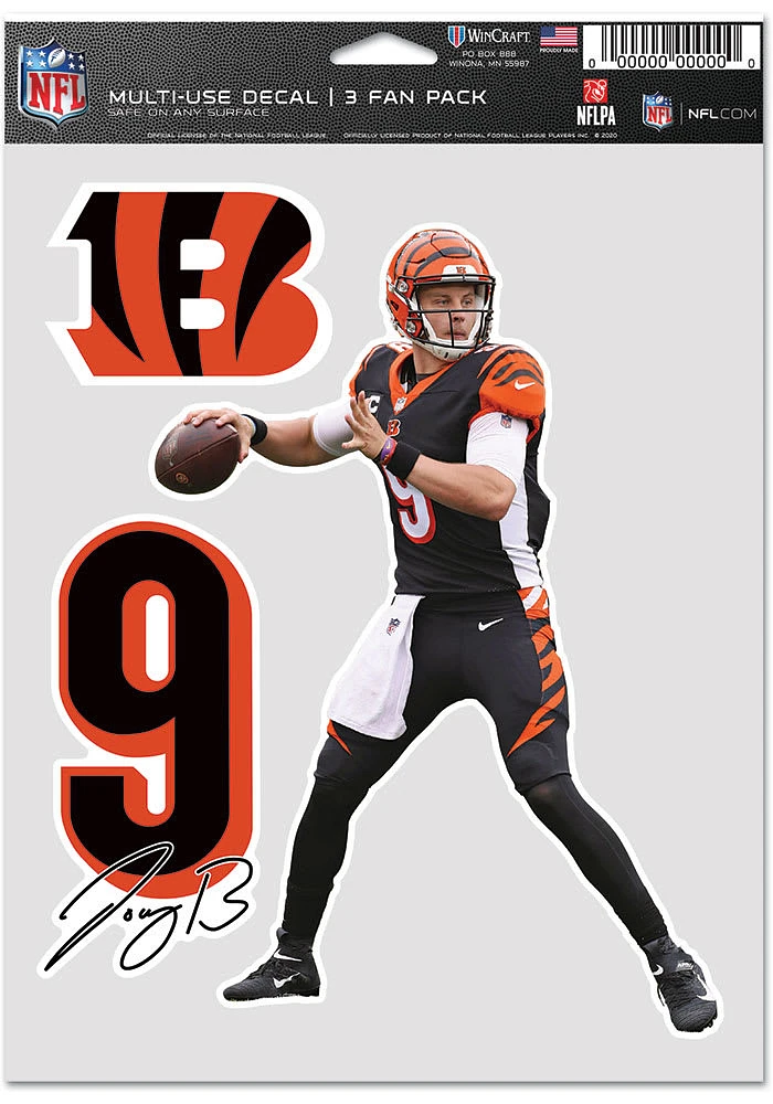 Joe Burrow  Cincinnati Bengals 3pk Burrow Auto Decal - Orange