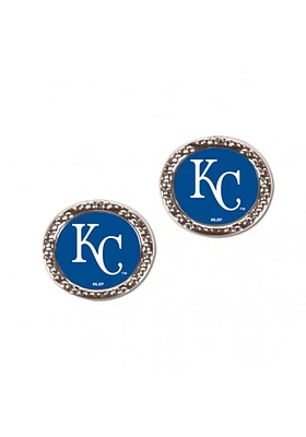 Kansas City Royals team logo on round hammered metal edge earrings Womens Earrings
