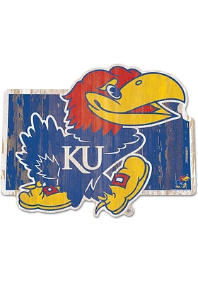 Kansas Jayhawks State Shape Wood Sign - Blue